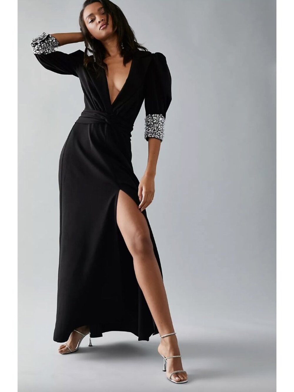 Free People PatBO Beaded Cuff Plunge Maxi Dress in Black Size 8